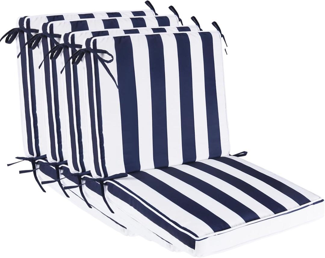 Outdoor Patio Chair Cushions Set of 4, Water Resistant Square Seat Cushions with Ties, 20"x17" All Weather Seating Cushions for Outdoor Furniture (Striped)