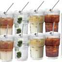 HIGIINC Iced Coffee Cups With Lids and Straws 8 Pcs, 16 OZ Unbreakable Glasses Drinking Set,Clear Plastic Cups Reusable Iced Coffee Tumbler with Lid and Straw, To Go Coffee Cups Dishwasher Safe