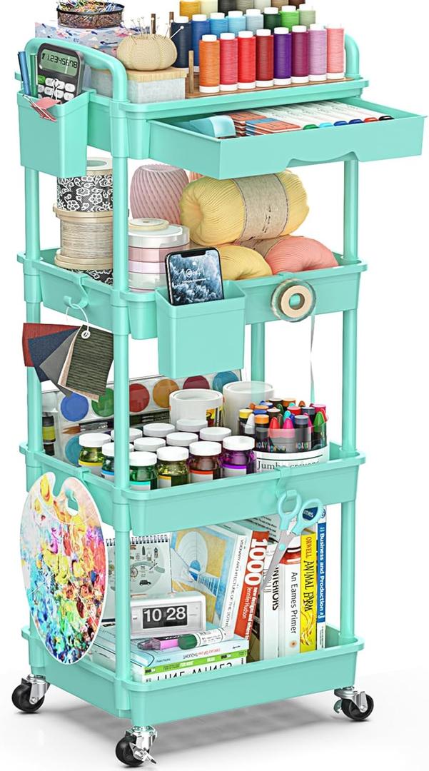 4 Tier Rolling Utility Cart with Drawer, Storage Organizer Cart with 2 Lockable Wheels, Multifunctional Rolling Storage Cart for Bathroom, Kitchen, Craft, Makeup, Baby Essentials, Blue