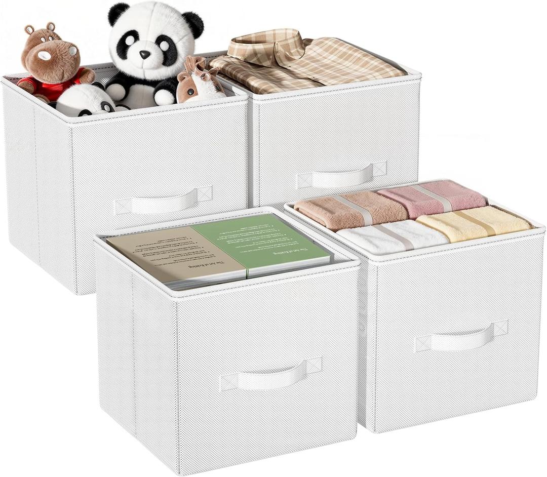 Cube Storage Bins, 11 Inch Fabric Organizers with Handles - Foldable Collapsible Storage Cubes for Shelves, Bedroom, Closet, Cabinet, Bookcase, or Office (White, Pack of 4)