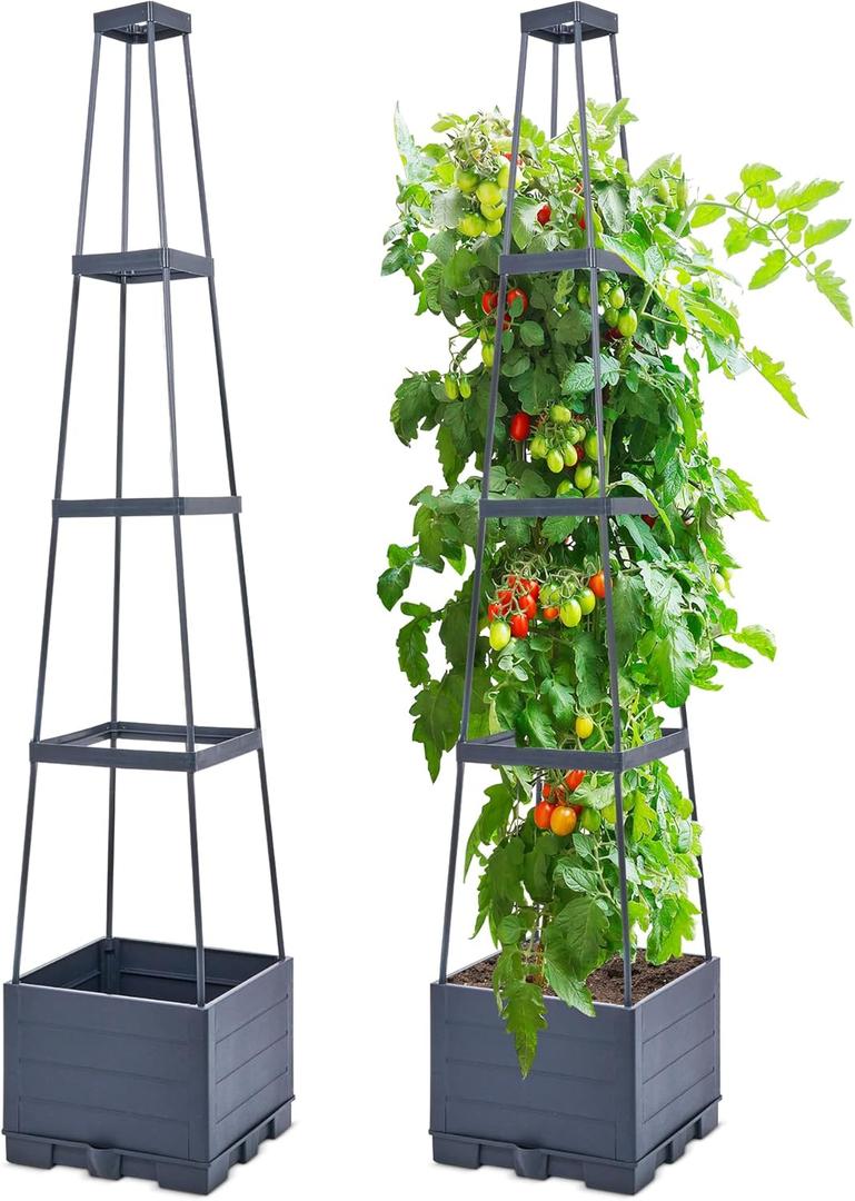 GENMOUS Raised Garden Bed with Tomato Planter Box Trellis, 56'' Tomato Cages for Garden, Tomato Planter Cage for Patio for Climbing Plants Vegetable Vine Flowers Outdoor & Indoor, 2 Pack