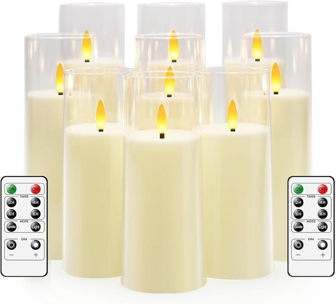 Flickering Flameless Candles Battery Operated with Remote and 2/4/6/8 H Timer Plexiglass Led Pillar Candles Pack of 9(D2.3 xH5.5 6.5" 7.5") with Realistic 3D Wick Candles for Home Decor(Ivory)