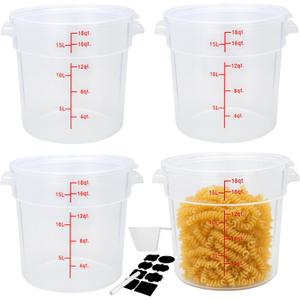 Round Food Storage Container with Lid18 Qt Translucent Commercial 4 Pack of  NSF Listed, BPA-Free, Polypropylene, Non-Stick Scale, with Labels & Measuring Cups