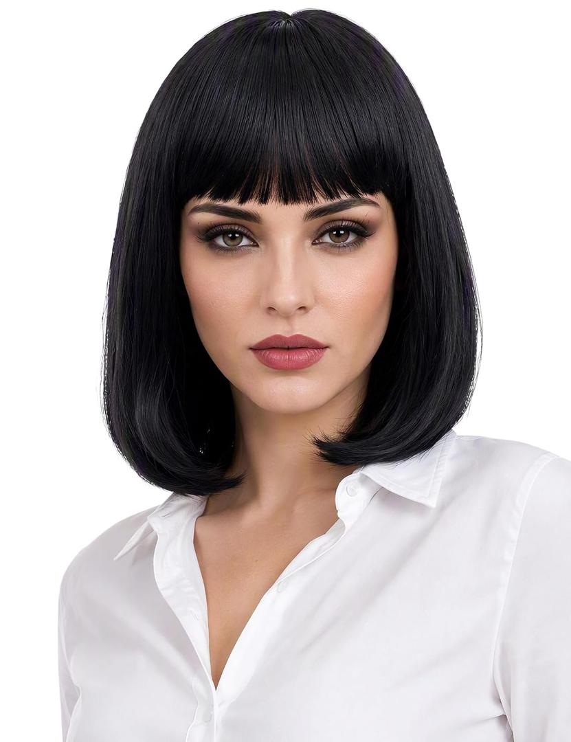 Short Black Bob Wig with Bangs for Women Heat Resistant Straight Bob Synthetic Hair Wigs for Cosplay Halloween Costume Party Daily Wear (12", 2# Black), average cap size circumference 22.5 inches with 2 adjustable straps