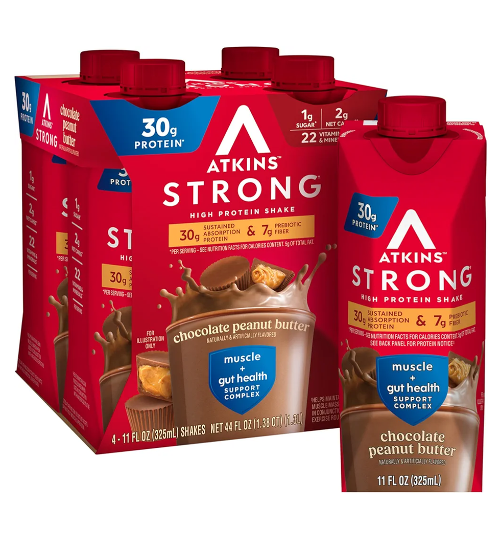 Atkins Strong High Protein Shake, Chocolate Peanut Butter, 30g Protein, 7g Prebiotic Fiber, Muscle & Gut Health Support Complex, 12 Count, Best By 04/30/2026