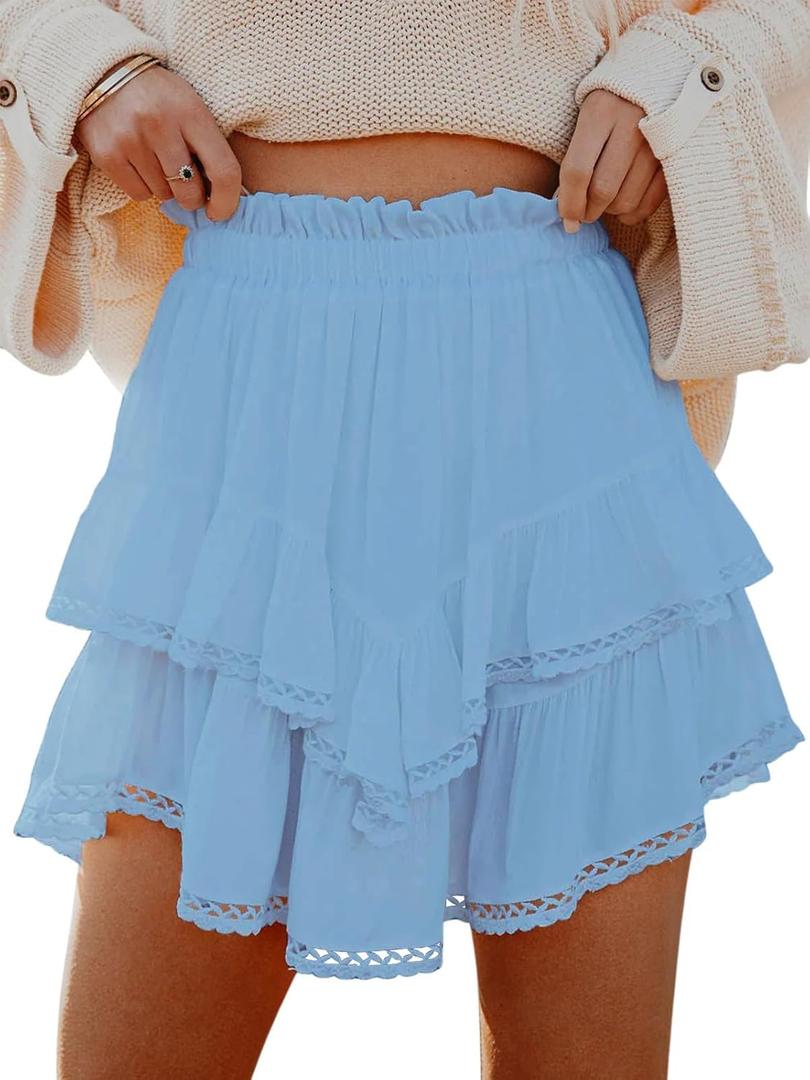 MIFOCAL Flowy Shorts for Women Casual Boho Ruffle Tiered Skorts High Waist Mini Skirts Golf Tennis Crochet Shorts (Blue, M)
