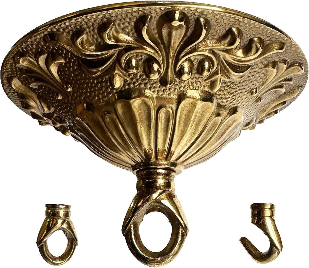 5.43 Inches Diameter Brass Light Canopy Kit with Hooks, Heavy Duty Replacement Ceiling Light Cover Plate, Antique Chandelier Replacement Parts with Mounting Hardware (Brass, A-01)