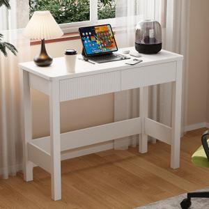 woodtalks Fluted White Desk with 2 Drawers - 39 Inch Small Computer Desk with Storage, Compact Writing Desk for Small Spaces, Modern White Bedroom Desk