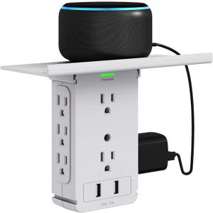 Socket Wall Shelf-CFMASTER 10 Port Surge Protector Wall Outlet, 8 Electrical Outlet Extenders and 2 USB Ports 2.4A, with Removable Built-In Shelf, FCC Listed (1, Gray) (Grey)