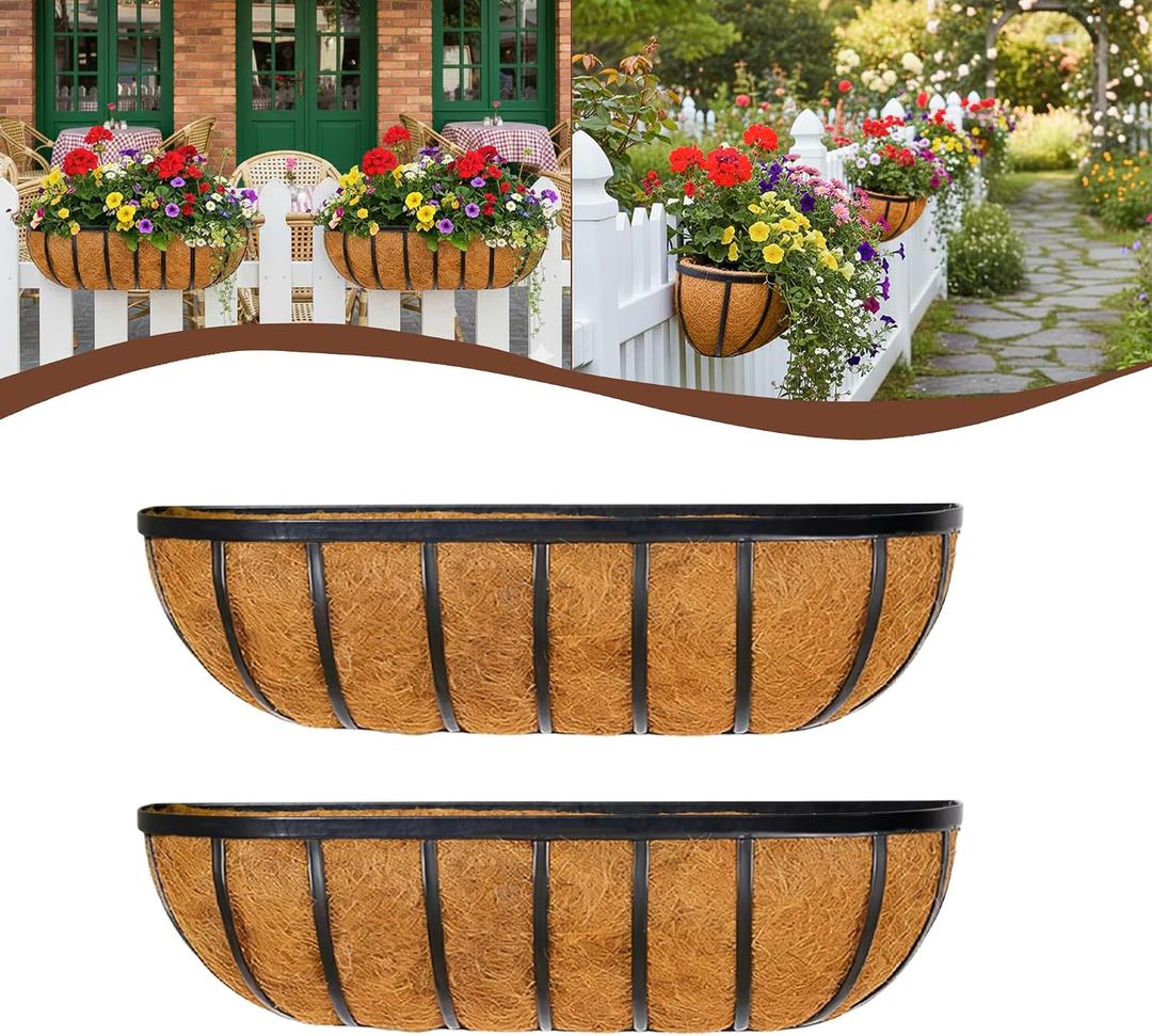 2 Pcs 24 Railing Planter Window Box Deck Railing Planter Boxes with Coco Liner English Horse Trough Planters Metal Wall-Mounted Planters Basket for Outdoor Balcony Porch Fence Patio Rail