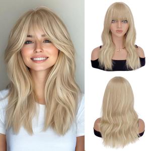 Haloo Blonde Wigs with Bangs - 19 Inch Natural Wavy Synthetic Heat Resistant Medium Length Hair Wigs for Women Daily Party, Dirty Blonde