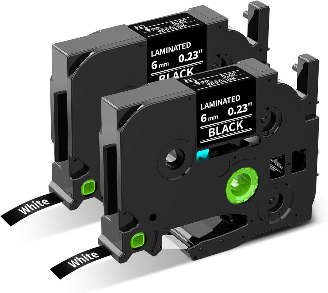TZe TZ Tape 6mm 0.23" Laminated White on Black Replacement for Brother P Touch TZe-315 TZe315 6mm Label Maker Tape, Compatible with PT-D210 PT-D220 PT-H110 PT-D400 PT-D600, 1/4 in x 26.2 ft, 2-Pack