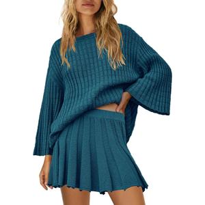 Yanekop Womens 2 Piece Sweater Skirt Set Loose Matching Lounge Sets Comfy Pajamas Set Long Sleeve Top and Skirt Sets (Blue, M)