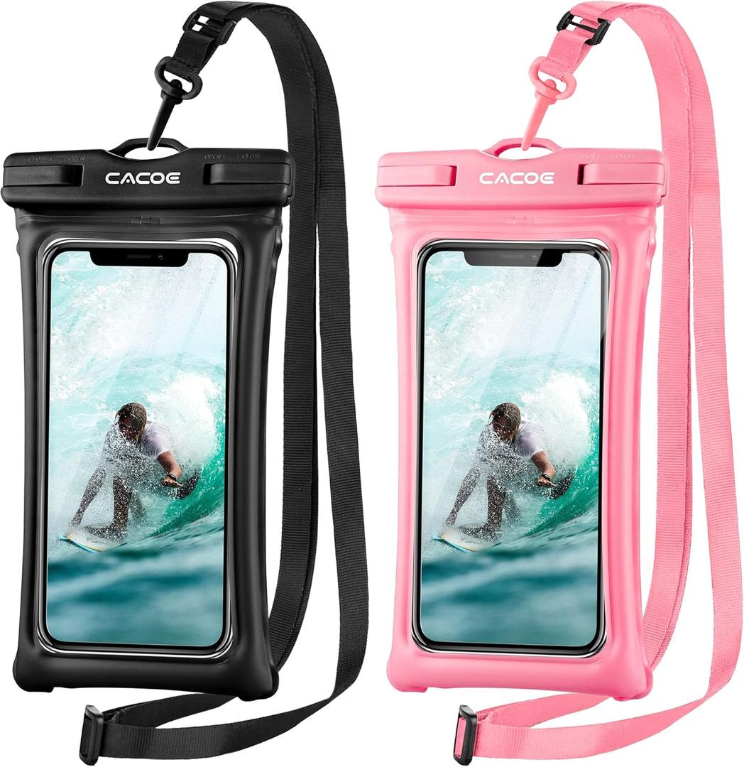 CACOE [Floatable] Floating Universal Waterproof Phone case 2 Pack-Up to 7.0",Phone Pouch with Adjustable Neck Lanyard,IPX8 Cellphone Dry Bags for Vacation Water ActivitiesBlack+Pink
