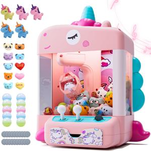 Skirfy Unicorns Claw Machine, Mini Vending Machine with Lights & Music, Adjustable Sound, Candy and Electronic Prize Dispenser, Includes 45 Toys, Candy and Birthday Gift for Kids Girls, Pink