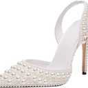 Goolita Pearl Slingback Heels for Women, Pointed Closed Toe Slip On Heeled Sandals Stiletto Heel Evening Bridal Shoes for Wedding (9, Ivory)
