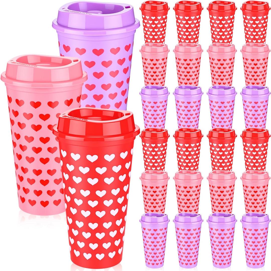 24pcs Valentine Day Conversation Coffee Cups Mugs Gift Bulk 16oz Galentine Day Reusable Plastic Tumbler with Lids for Women Galentine Party Supplies Hot Cold Drinks(Heart-shaped)