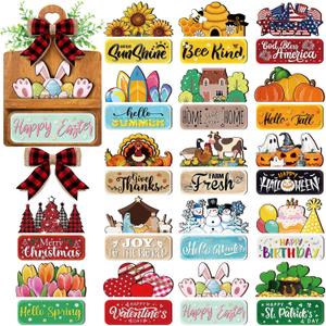 37 Pcs Interchangeable Seasonal Decor Farmhouse Breadboard Interchangeable Seasonal Tier Tray Decor Holiday Halloween Thanksgiving Christmas Wooden Decoration with Bow for Table Kitchen