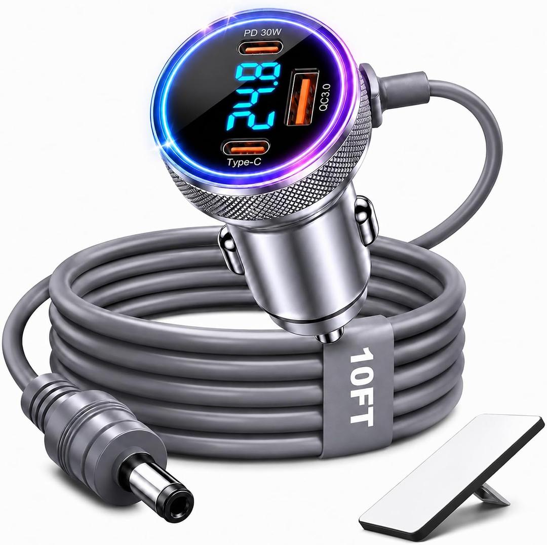 4-in-1 Starlink Mini Car Adapter, 10FT Starlink Mini Power Cable | 12V-24V cigarette lighter adapter with voltage display, dual 45W USB-C PD and 35W USB-A ports for cars, trucks and RVs