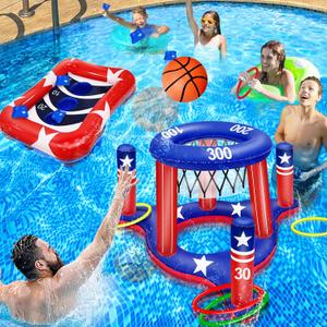 2 Set Pool Toys for Kids Adult, 2 in 1 Inflatable Pool Basketball Hoops & Ring Toss Game and Inflatable Pool Cornhole Toys with 6 Bean Bags for Famliy Summer Patriotic Outdoor Pool Party