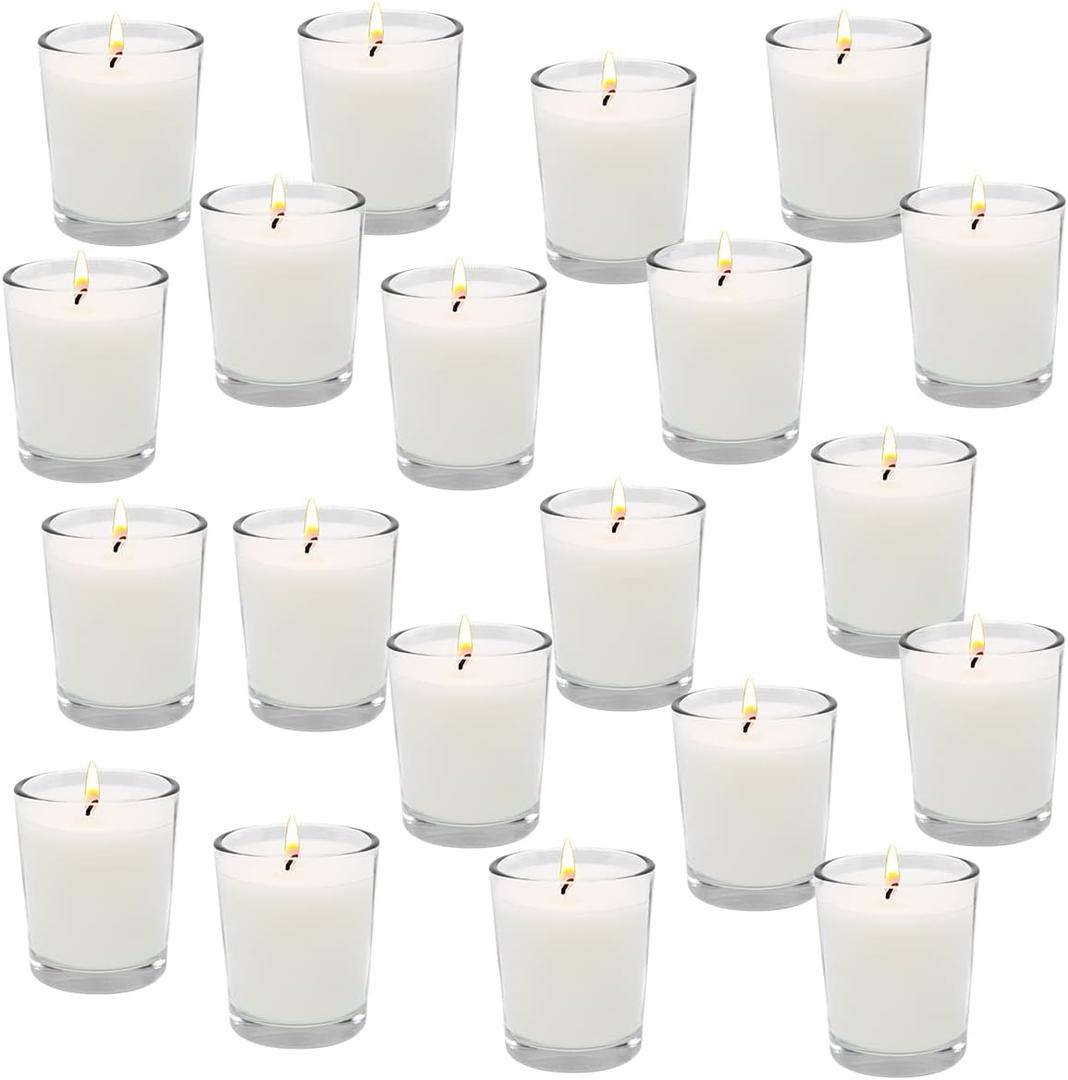 Clear Glass Filled Unscented White Votive Candles Small 2 Inch Diameter 15 Hour Soy Wax Candles for Aromatherapy Spa Weddings Holidays Party Mother's Day, 20 Packs