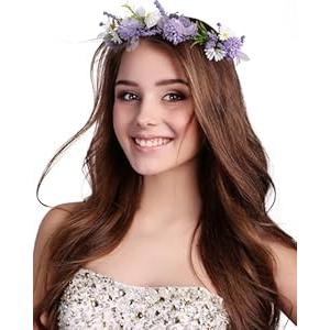 AWAYTR Flower Crowns for Women Flower Headband Adjusatble Flower Girl Headpiece Headband Fairy Crown for Bridal Wedding Festival Party Photo (Purple + White)
