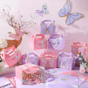 MotiMind 24 Pcs Butterfly Party Favor Boxes, 3D Decorative Gable Treat Boxes for Special Celebration Wedding Bridal Shower Anniversary, Cardboard Goodie Bag with Handles for Guests Treats Candy (Cute)