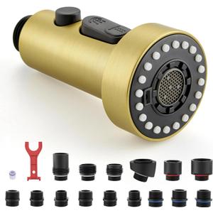 J-HVA Pull Down Kitchen Faucet Sprayer Head Replacement Part, 3 Function Pull Out Sink Sprayer Replacement Nozzle with 15 Adapters, Kitchen Faucet Head Hose Spray Tap Spout, Brushed Gold