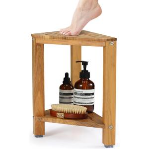 TEAKAURA Teak Corner Shower Stool 15in, Wood Shower Bench Seat with Storage Shelf, Waterproof Shower Foot Stool for Shaving Legs, Ideal for Inside Shower or Bathroom