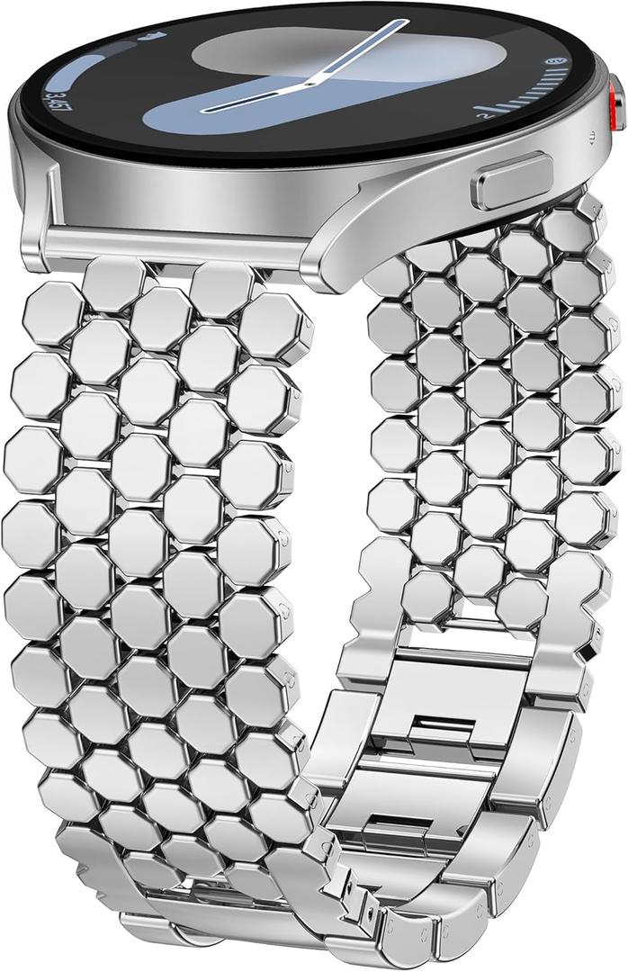 Minyee Compatible with Samsung Galaxy Watch 7 6 5 4 FE 40mm 44mm/Watch 6 Classic 43mm 47mm/Watch 5 Pro 45mm Bands for Women, 20mm Dressy Metal Gold Chain Honeycomb Luxury Chic Link Bracelet Strap (Silver)