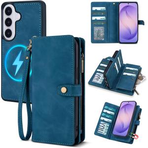 TwoHead for Samsung Galaxy S26 Wallet Case,11 Card Holders,Navy Blue | Detachable Magnetic Phone Case for S26,Shockproof,PU Leather Zip Wallet,All-Round Protective Phone Cover,with Wrist Strap