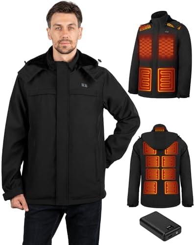 Vinderfine Heated Jackets for Men, Windproof Waterproof Winter Heating Coat, Mens Soft Shell Heated Jacket, Detachable Hood 2XL