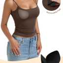 PINKMSTYLE Tank Tops for Women Built in Bra Backless Basic Double Lined Summer Spaghetti Strap Sleeveless Cami Workout Shirts (Brown)