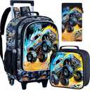 3PCS Truck Rolling Backpack for Boys, Kids Roller Bookbag with Wheels, Car Wheeled School Backpack for Elementary Preschool Kindergarten(Black)