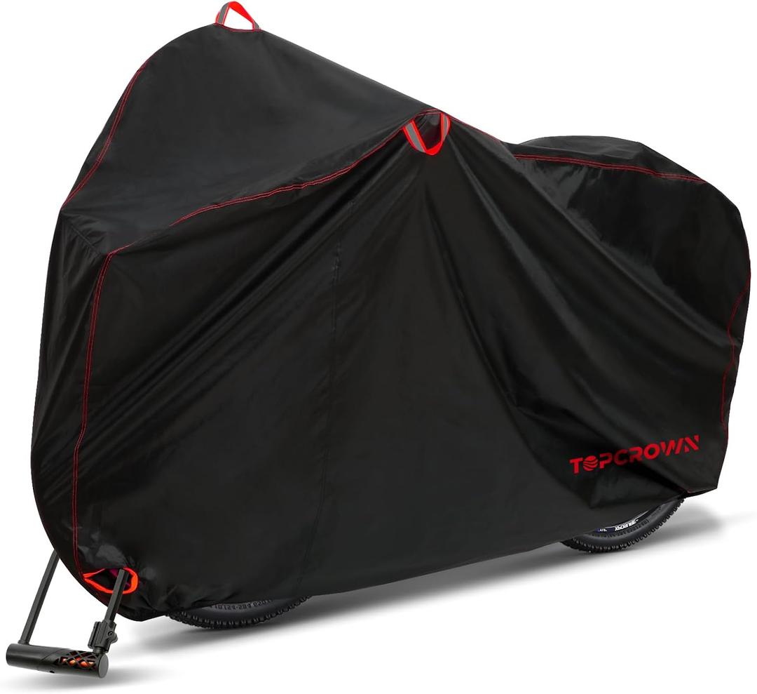 Topcrown Bike Cover Waterproof Outdoor Storage for 1 Bike, Bicycle Cover Rain Sun UV Dust Wind Proof with Storage Bag for Mountain Road Bike/Ebike (420D Black+Red, XL Size for 1 bike)