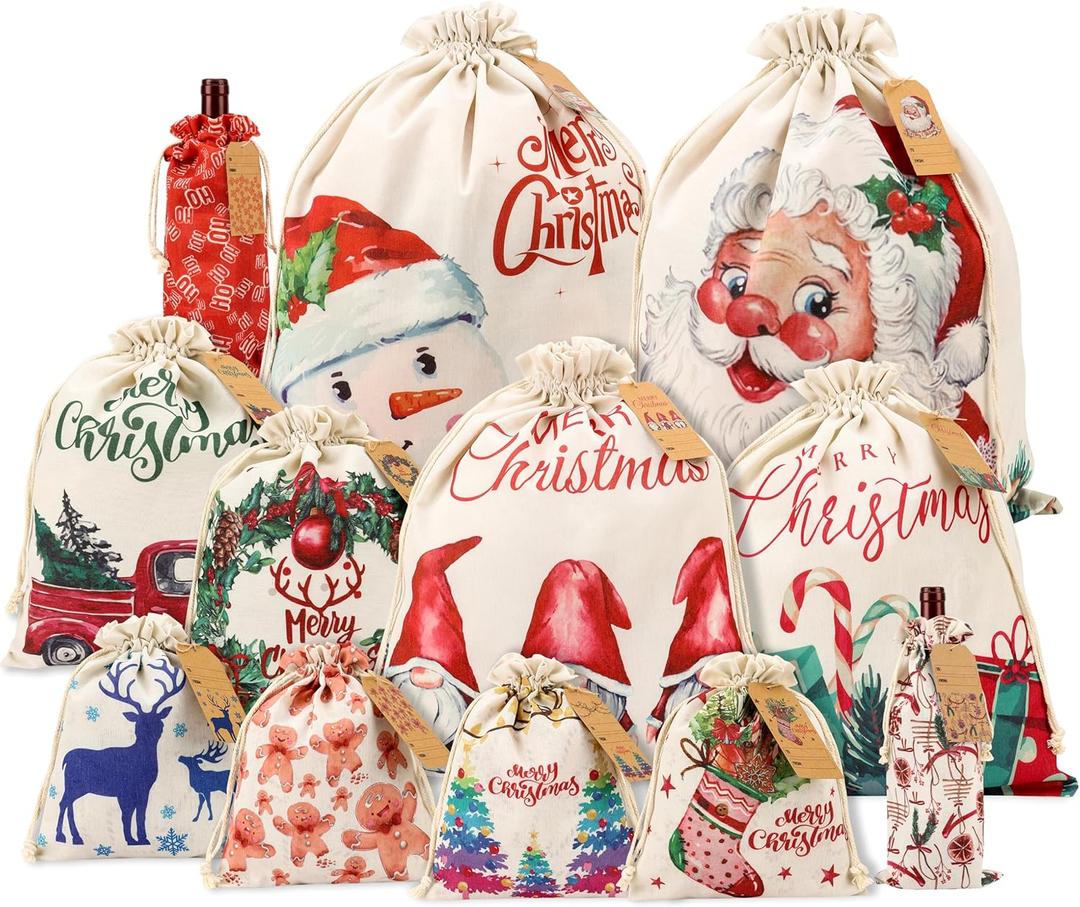 Giiffu 12 Pack Christmas Gift Bags with Drawstrings  Reusable Canvas Holiday Bags in Assorted Sizes  Fabric Santa Sacks with Gift Tags for Wrapping & Storage