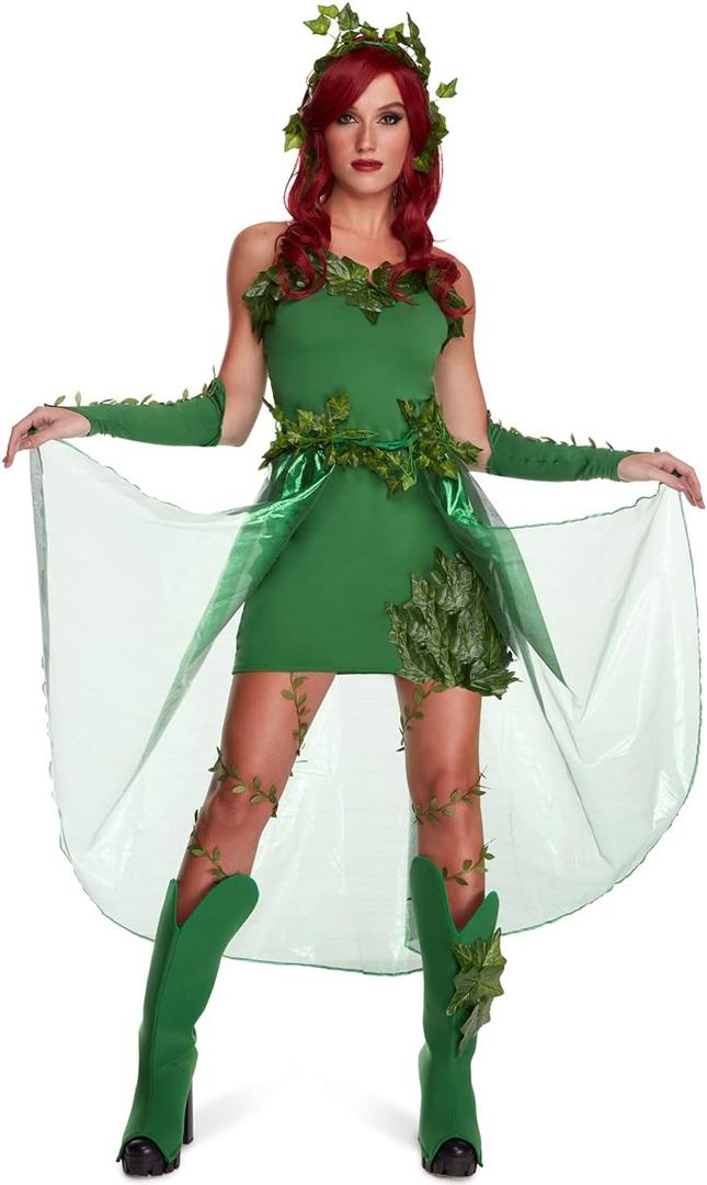 Morph Villain Costume For Women, Green Dress With Fake Leaves, Comic Con Costume For Women, Halloween Outfit (Medium)
