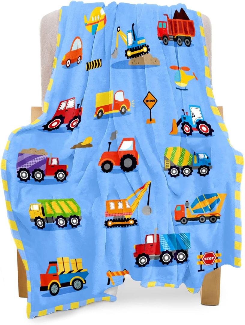 BOOPBEEP Construction Toddler Blanket for Boys Girls Lightweight Baby Kids Blanket Cute Soft Small Truck Car Blankets Comfy Fleece Flannel Plush Blue Throw Blankets Gifts 40x50