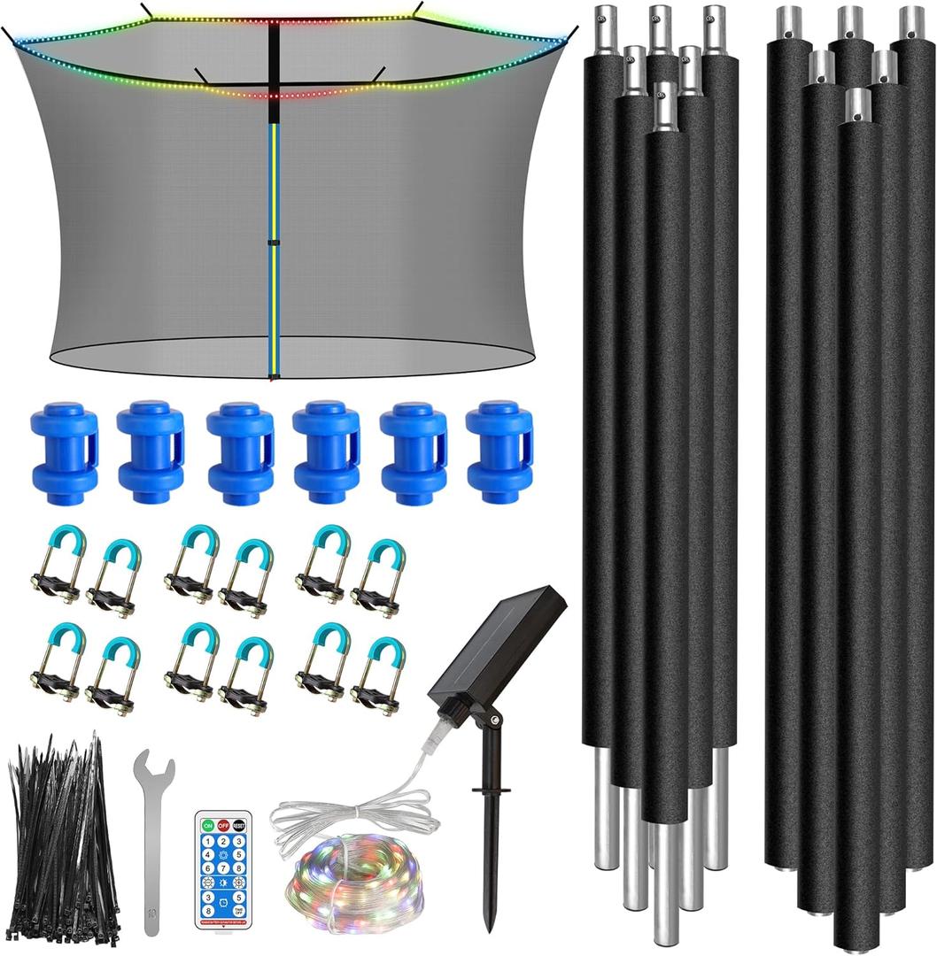 6PCS Trampoline Replacement Poles and 14FT Enclosure Net with Solar Light, Universal Trampoline Replacement Net and Enclosure Pole with Caps & Hardware, Fits 14FT Round Frame with 6 Straight Pole