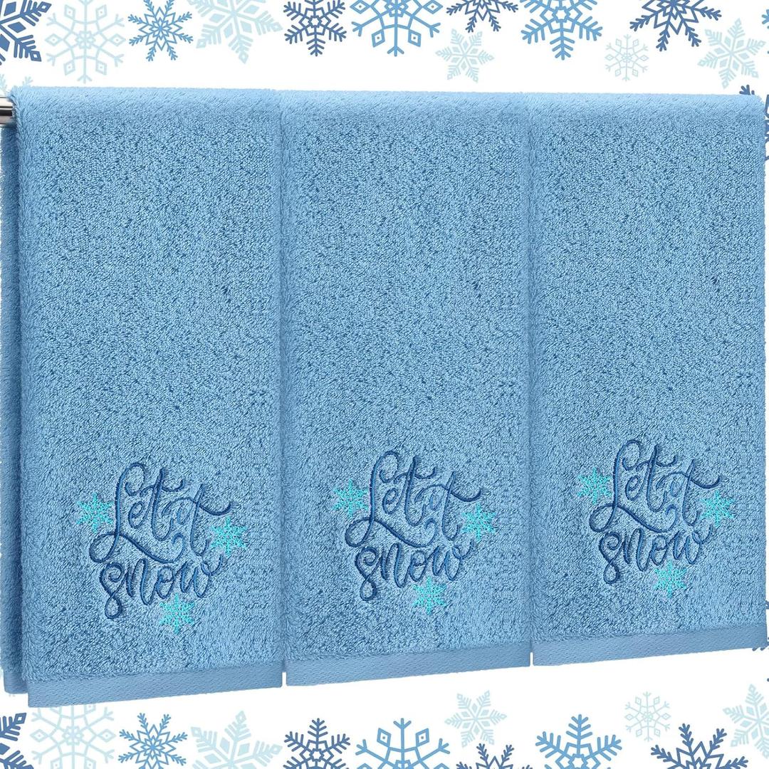 3 Pcs Winter Hand Towels for Bathroom Blue Snowflake Hand Towels Let It Snow Embroidered 100% Cotton Soft Absorbent Decor for Holiday Kitchen,13.7 x 29.5'(Blue,Let It Snow)