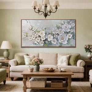 Brushart Large White Flower Wall Art Textured Floral Canvas Wall Art Decor Pictures Paintings Artwork for Living Room Dining Room Bedroom Home Office, Framed 48"x24"