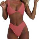 geluboao Bikini Set for Women Solid V Neck Knot Front Push Up High Leg Thong Two Piece Swimsuit (Small, Reddish Orange)