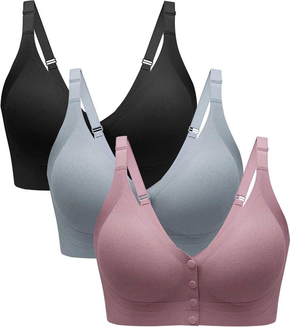 Angelhood Seamless Front Closure Bras for Women with Jelly Support, Wireless Supportive Mastectomy Bralettes Pack of 3 (Small, Black Mauve Blue)