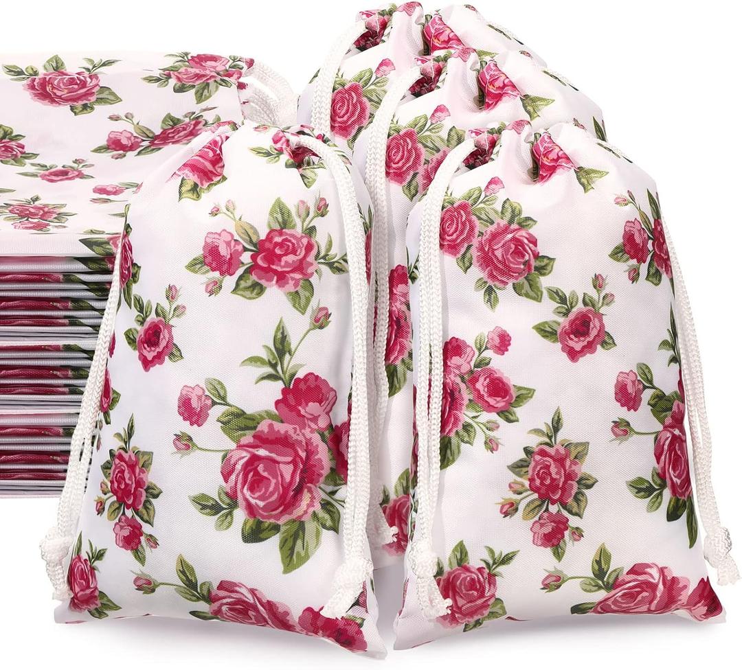 16 Pcs 8 Inches Rose Drawstring Bags Flower Gift Bags Reusable Presents Bag Vintage Floral Goodies Bag Jewelry Pouches Sacks for Wedding Birthday Mother's Day Valentine Bridal Shower Spring Decoration