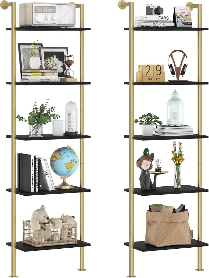 Acovy 5-Tier Bookshelf - Solid Wood Narrow Bookcase Set of 2, Wall Mount Ladder Shelf, Storage Rack for Living Room, Bedroom, Bathroom, Black and Gold, 64"H x 17.34"W x 9"D