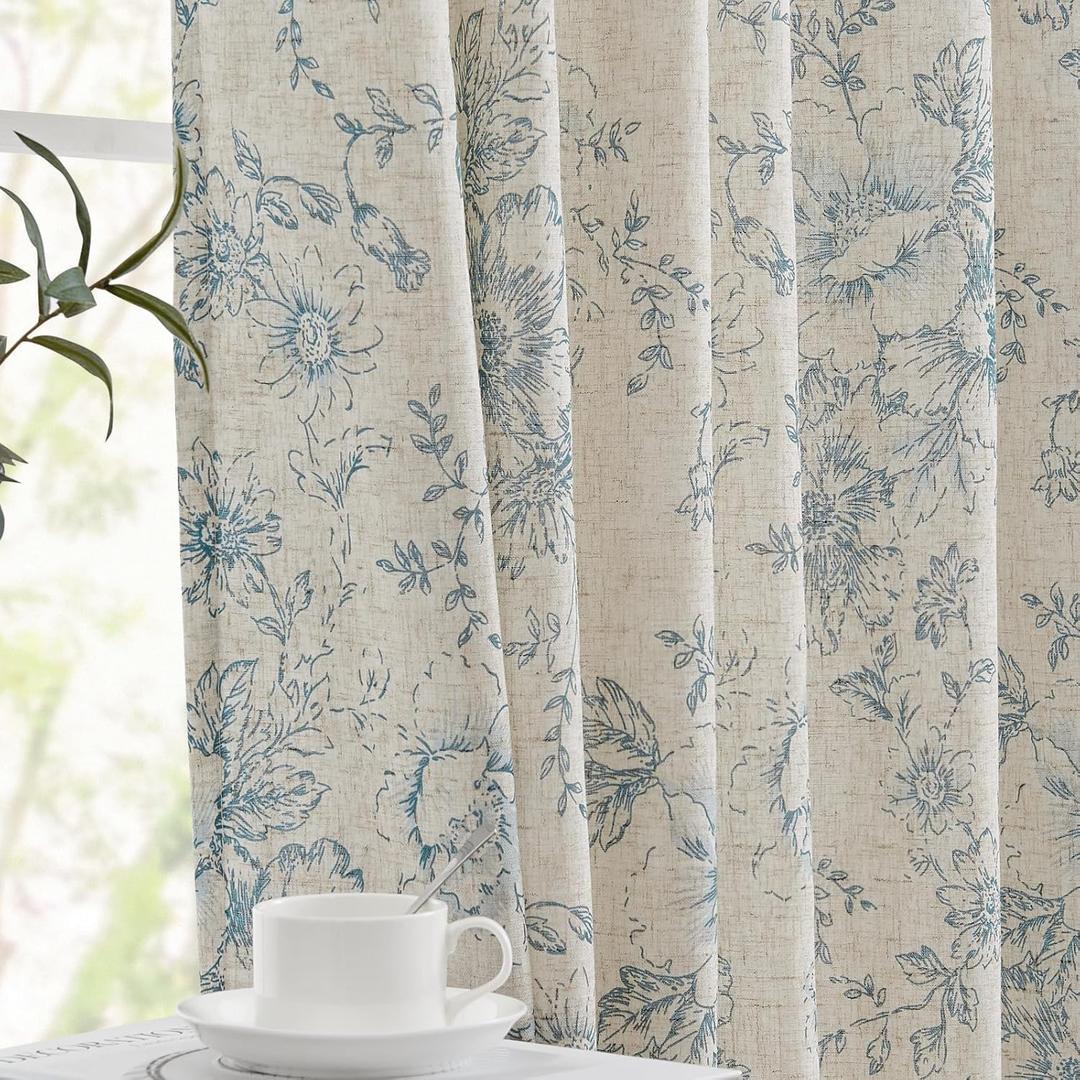 jinchan Linen Blend Curtains Floral Curtains for Living Room 84 Inch Length Blue Printed Curtain Rod Pocket Back Tab Farmhouse Peony Flower Patterned Drapes Bedroom Window Curtain Set 2 Panels