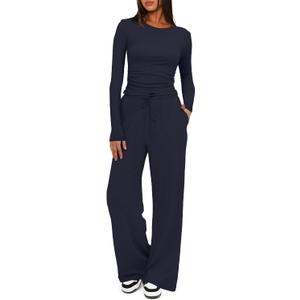 Darong Women's 2 Piece Outfits Lounge Sets 2026 Long Sleeve Tops Wide Leg Pants Casual Matching Set (Blue, L)