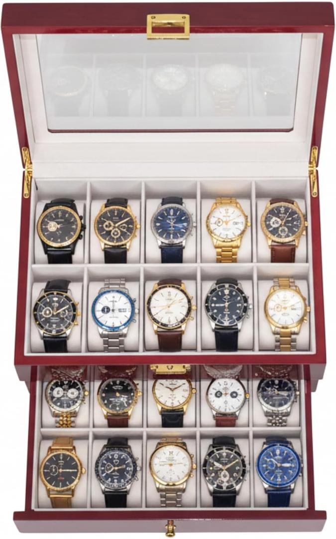 High End Rosewood Watch Box with Velvet Lining 20 Slots, 2 Layer Watch Holder Organizer with Glass Lid & Removable Cushions, Luxury Watch Case for Men Women, Ideal Gift for Watch Display & Storage