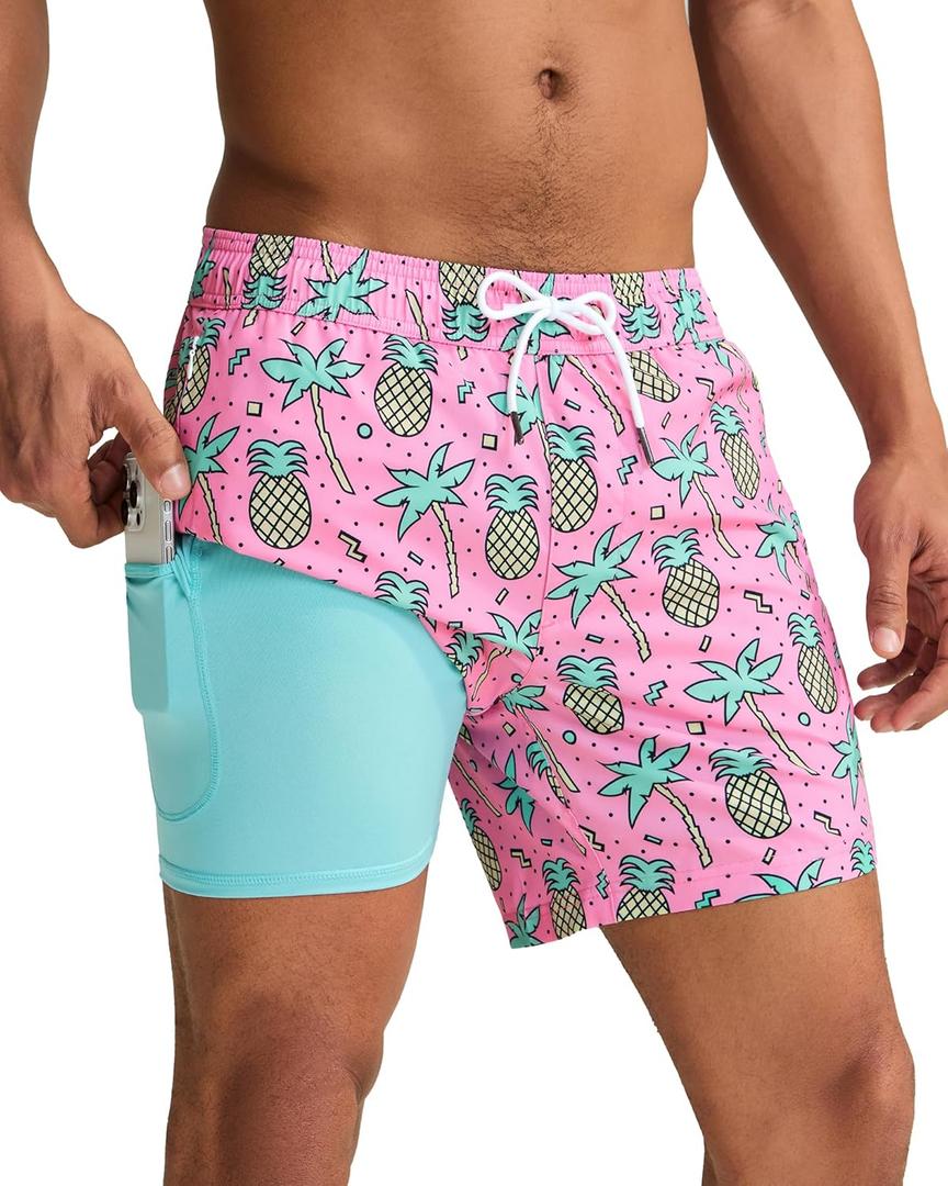 maamgic Mens Swim Trunks with Compression Liner 5 Inch, Quick Dry Bathing Suit with Zipper Pockets, No-Chafing Swim Shorts, Pineapple, Large
