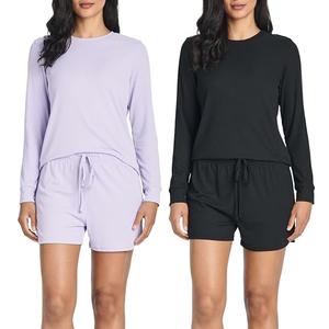Real Essentials 2 Pack: Women's Ribbed Knit Long Sleeve Top and Shorts Pullover Lounge Pajama Set, Size: L